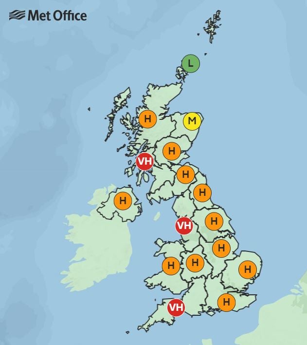 On Tuesday, most of the UK is predicted to still have high pollen counts