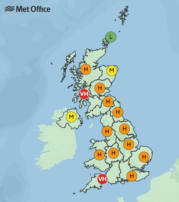 Wednesday is due to be similar to Tuesday, with high levels in most areas