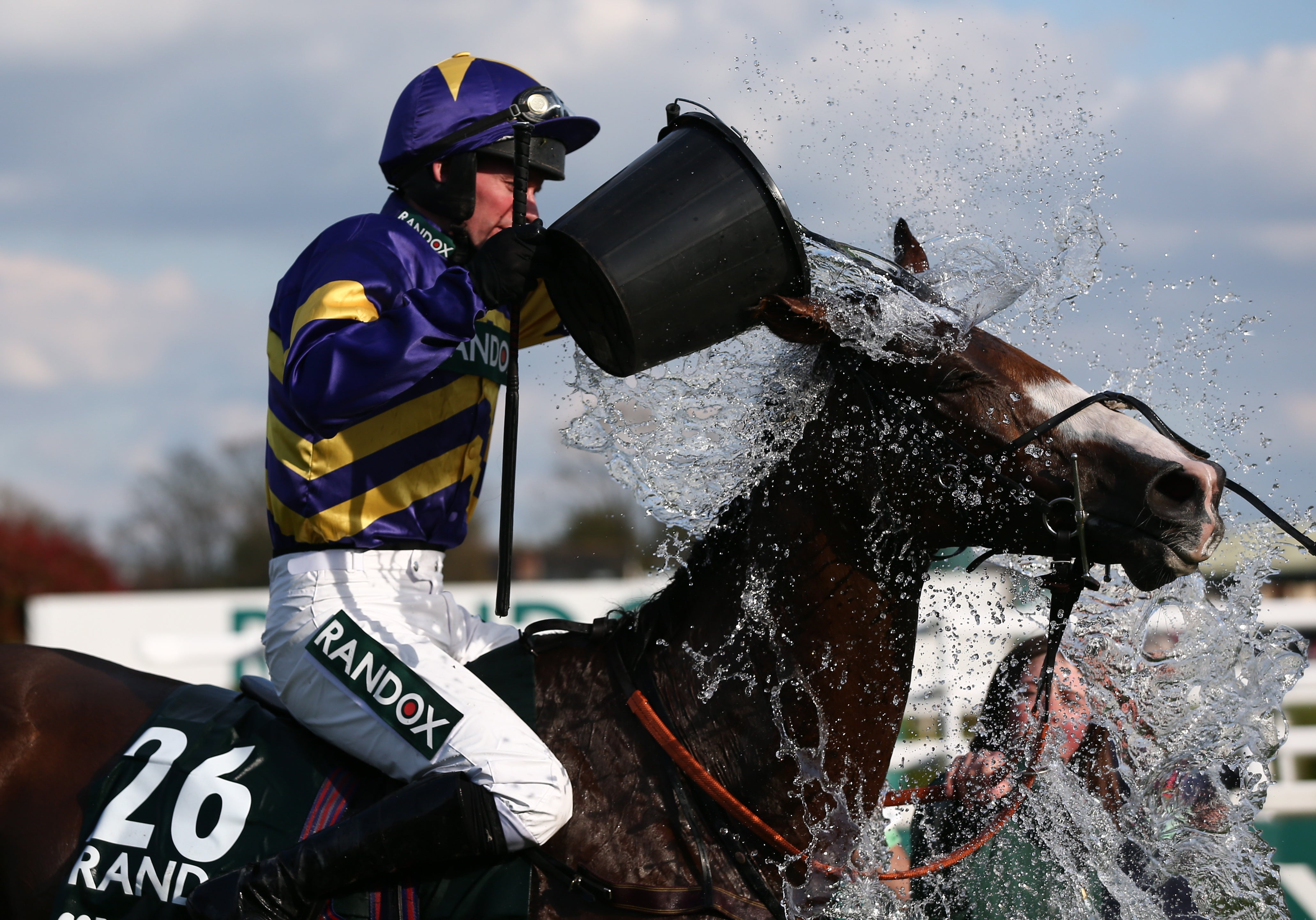 Derek Fox pours water over Corach Rambler after winning the Grand National