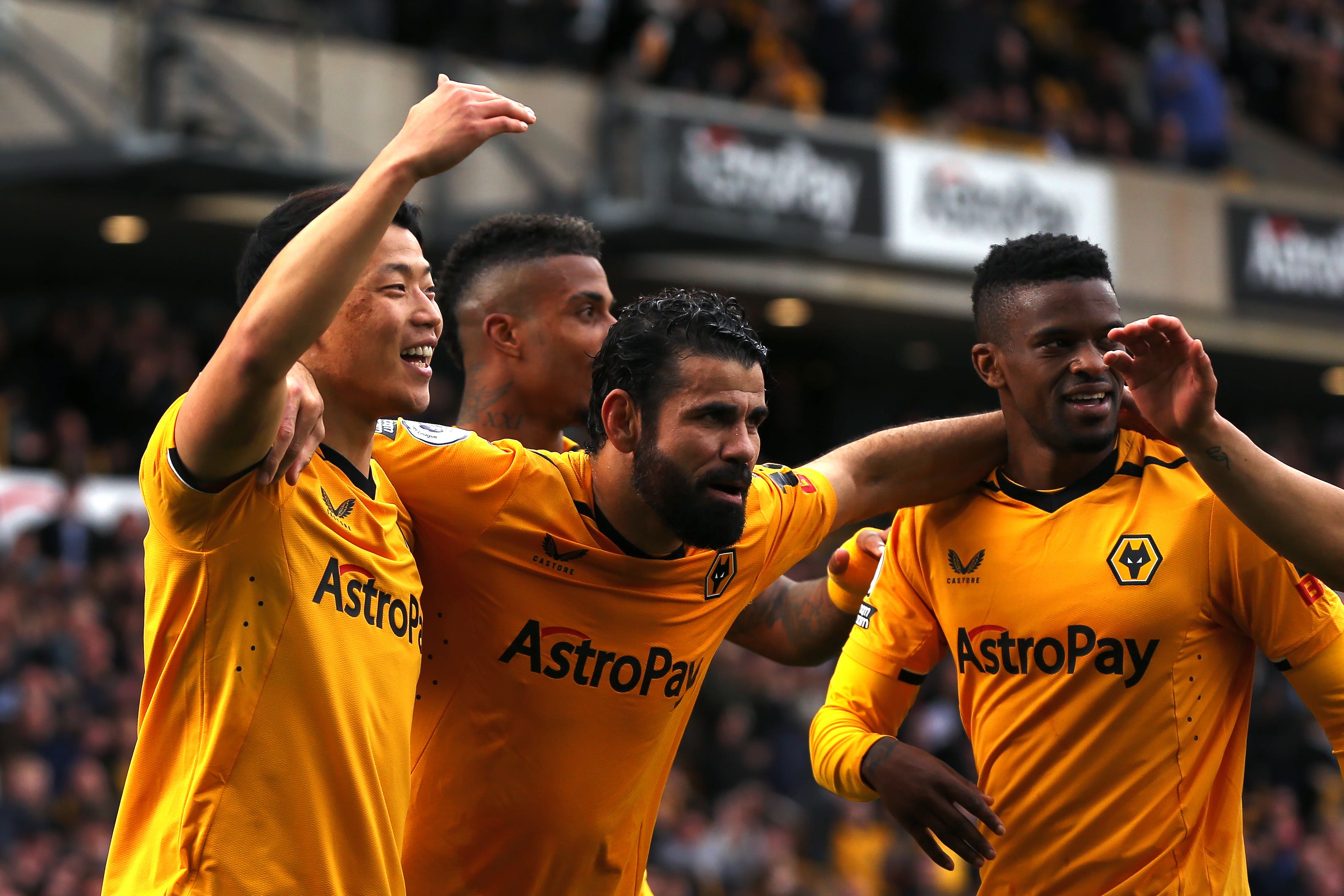 Wolves celebrate their second goal against Brentford (Barrington Coombs/PA)