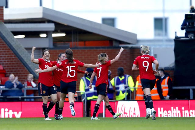 Manchester United’s Rachel Williams (left) celebrates her winner (Will Matthews/PA).