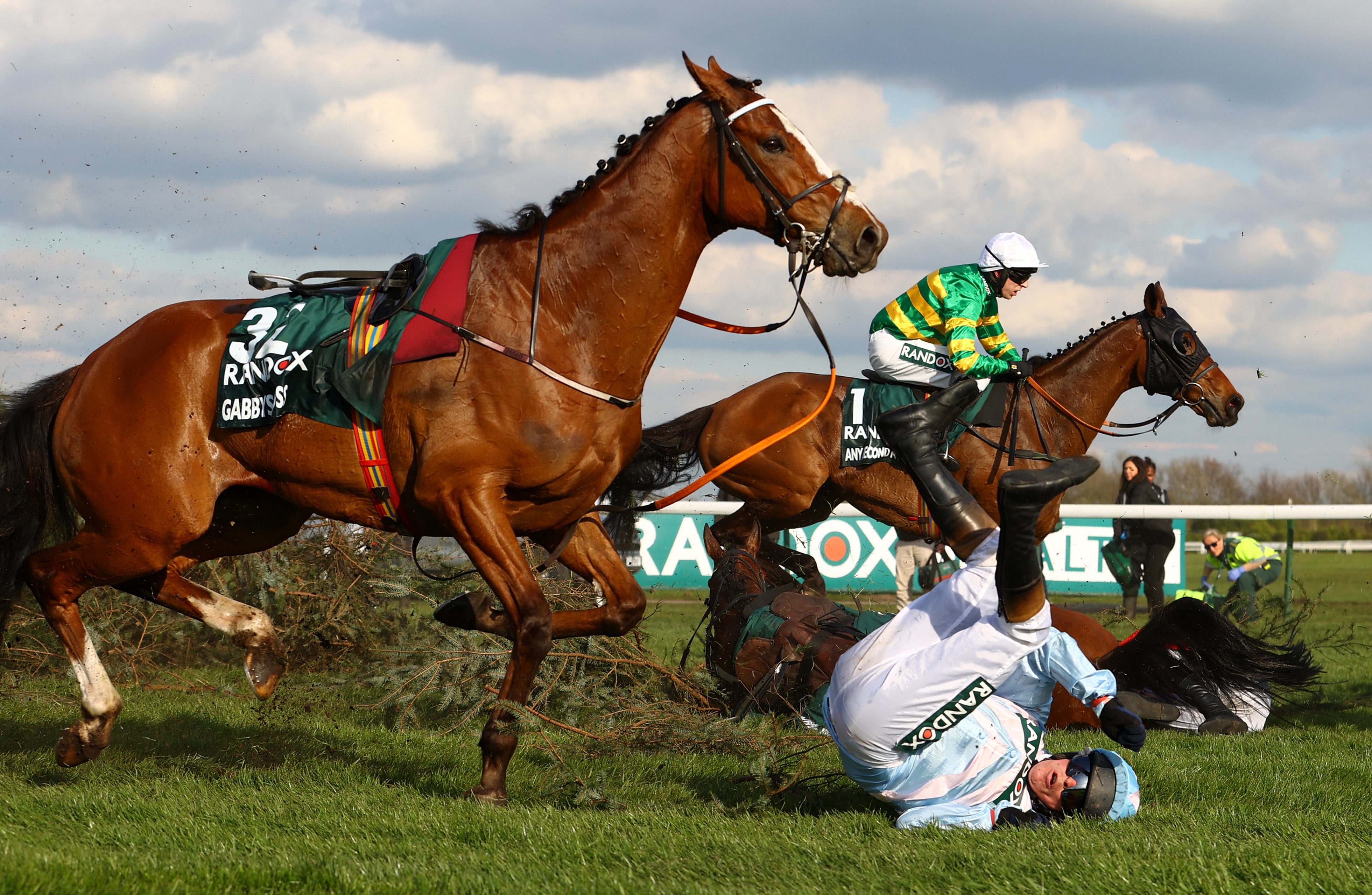 Peter Carberry riding Gabbys Cross falls off during the Randox Grand National