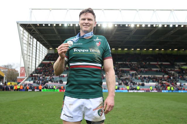 Chris Ashton poses with his man of the match medal after his record-breaking display for Leicester (Nigel French/PA)