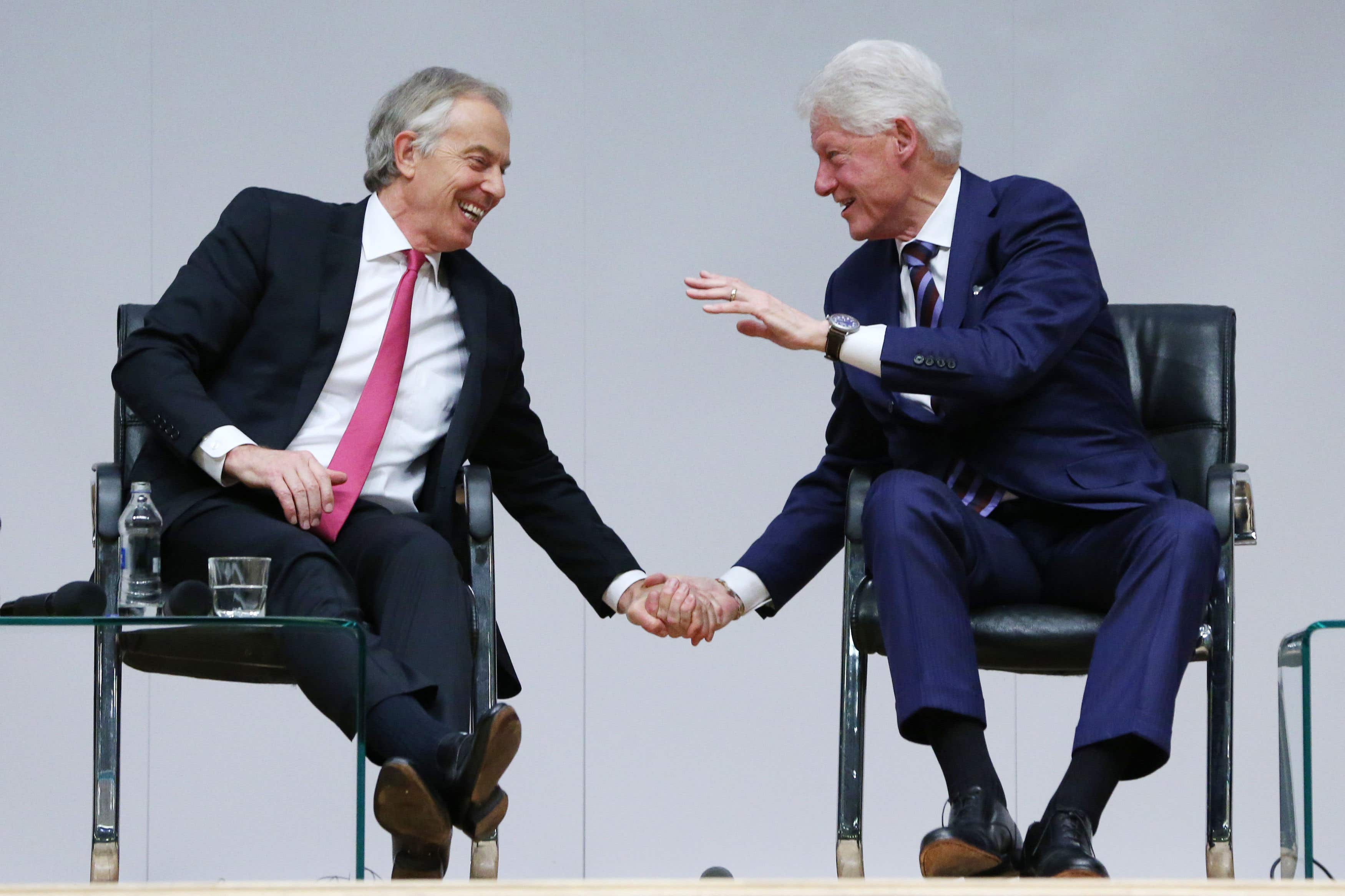 Sir Tony Blair and Bill Clinton mark the 20th anniversary of the Good Friday Agreement at Queen’s University in Belfast (PA)