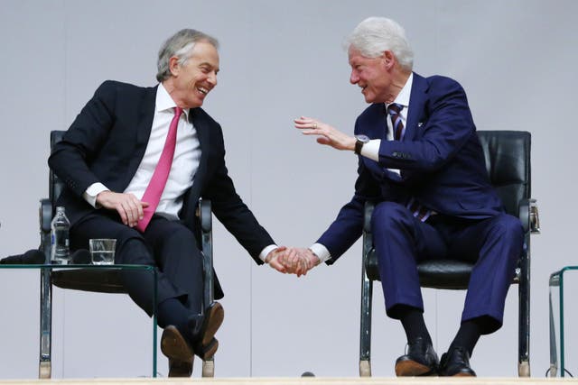 Sir Tony Blair and Bill Clinton mark the 20th anniversary of the Good Friday Agreement at Queen’s University in Belfast (PA)