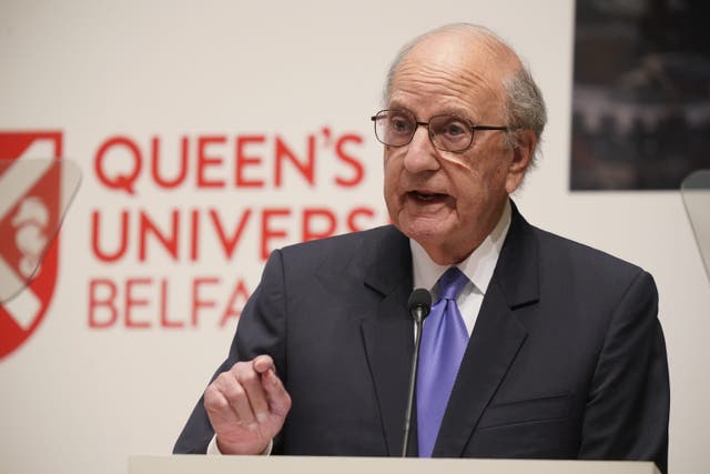 George Mitchell speaking during the three-day international conference at Queen’s University Belfast to mark the 25th anniversary of the Belfast/Good Friday Agreement (Niall Carson/PA)