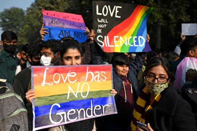 <p>Gender rights activists and supporters of LGBTQ community walk the Delhi queer pride parade in New Delhi on 8 January 2023</p>