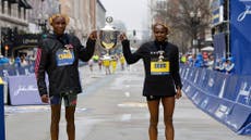 Moment Boston Marathon winners Evans Chebet and Hellen Obiri cut the finish line