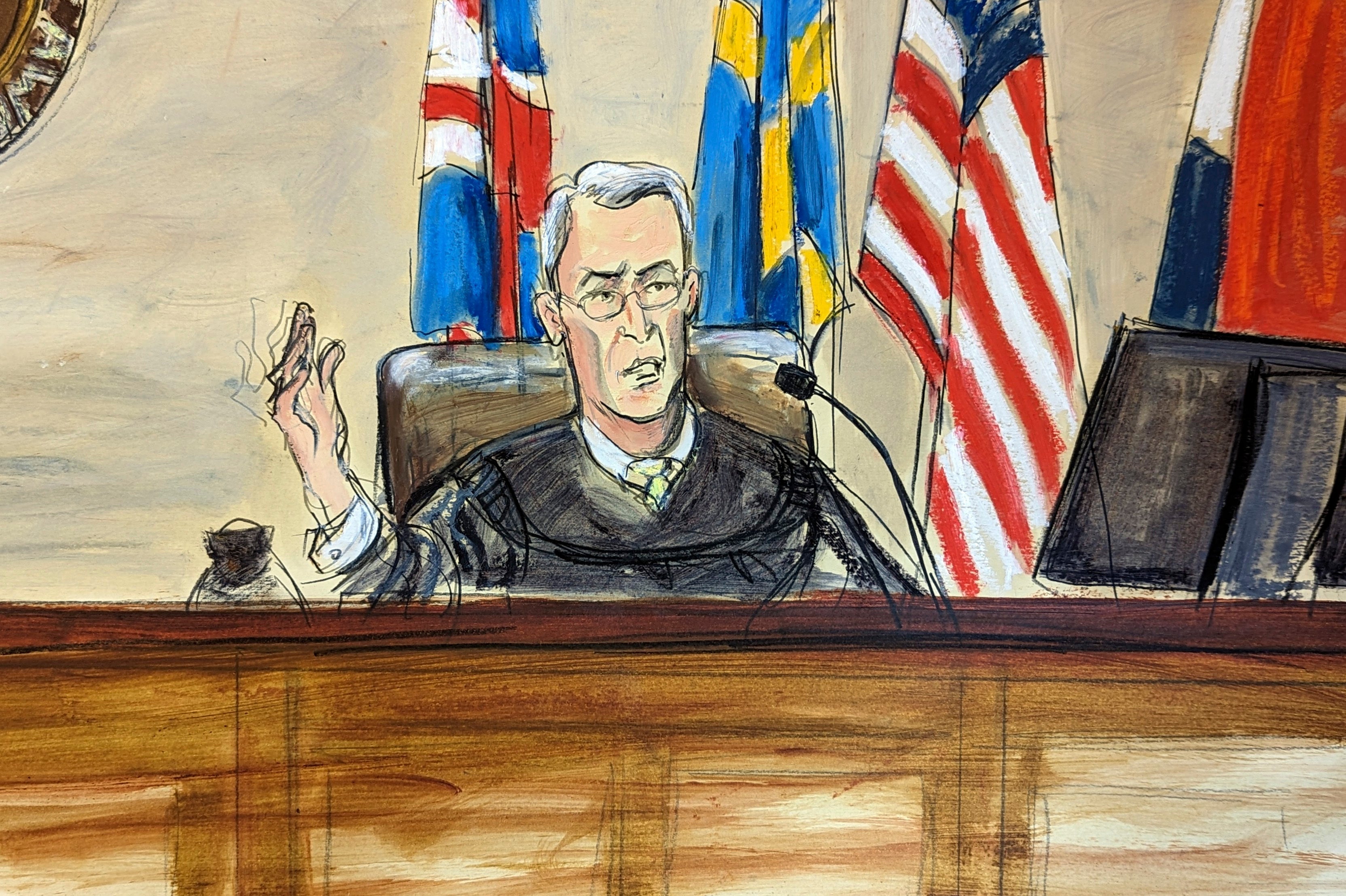 Delaware Superior Court Judge Eric Davis is depicted in a courtroom sketch presiding over the Dominion case on 17 April