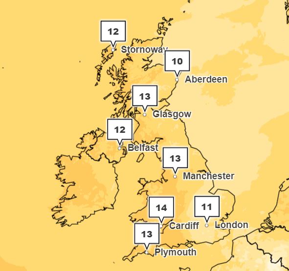 Temperatures will cool slightly on Thursday but remain relatively warm, especially in the South West of England