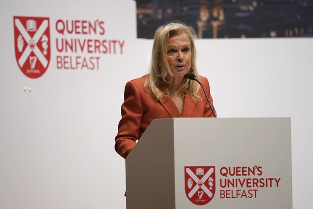 US ambassador to the UK Jane Hartley speaking at the Agreement 25 conference at Queen’s University Belfast (Niall Carson/PA)
