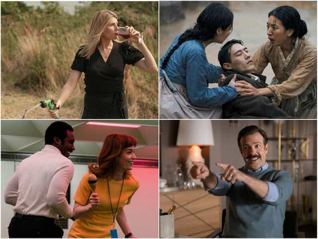 <p>Clockwise from top left: ‘Bad Sisters’, ‘Pachinko’, ‘Ted Lasso’, ‘Severance’</p>