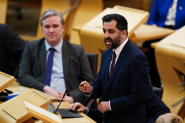 First Minister Humza Yousaf defended the Scottish Government as the Tories called for both his predecessor Nicola Sturgeon and her husband Peter Murrell – the former chief executive of the SNP – to be suspended from the party. (Jane Barlow/PA)