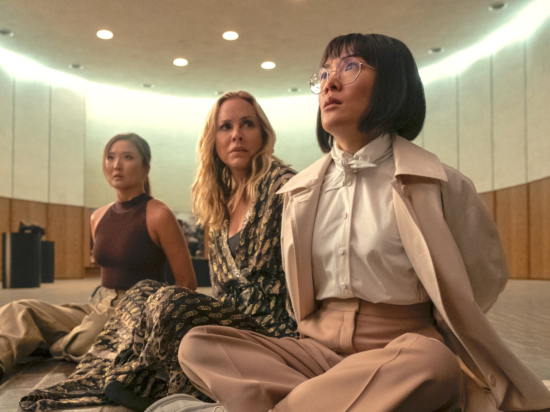 (From left) Ashley Park, Maria Bello, Ali Wong in ‘Beef’