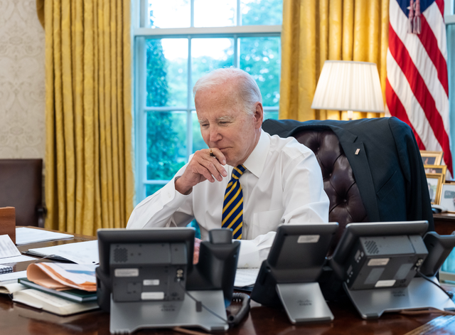 <p>Joe Biden speaking to Ralph Yarl and his family in a picture released by the White House</p>