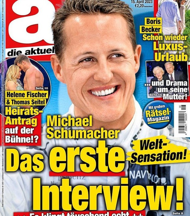 The front cover of the 15 April 2023 edition of German magazine Die Aktuelle had a photo of Michael Schumacher with the headline ‘the first interview’
