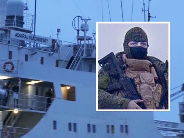 <p>Russian ‘oceanographic research’ ship ‘Admiral Vladimirsky’ with an armed man spotted onboard (inset) </p>