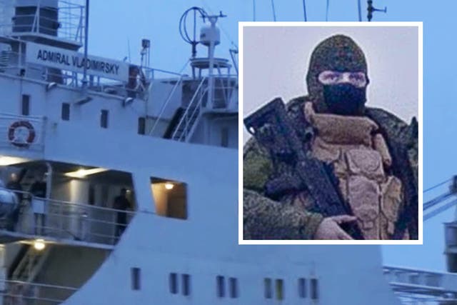 <p>Russian ‘oceanographic research’ ship ‘Admiral Vladimirsky’ with an armed man spotted onboard (inset) </p>