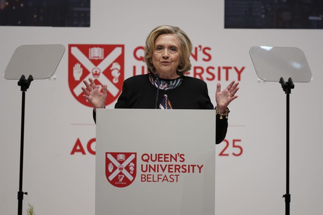 Hillary Clinton speaking during the conference (Niall Carson/PA)