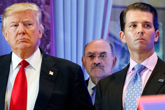 <p>File: Donald Trump with his son Donald Trump Jr attend a news conference at Trump Tower in New York </p>