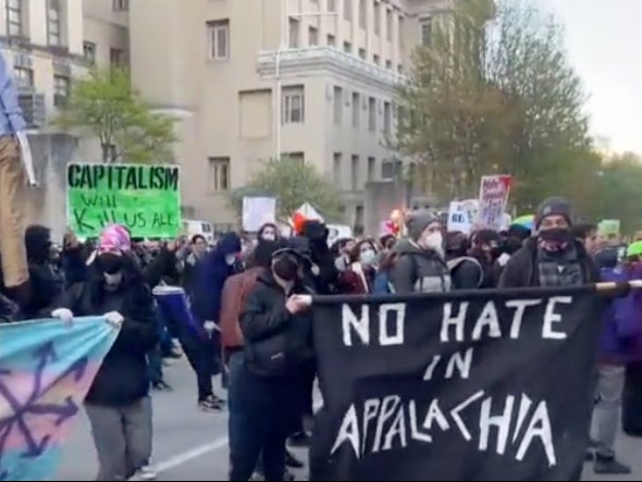 Demonstrators protesting an anti-transgender event at the University of Pittsburgh on 18 April