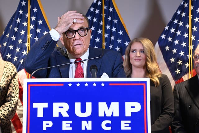 <p>Rudy Giuliani speaks to the media at the Republican National Committee headquarters in Washington, DC, on November 19, 2020</p>