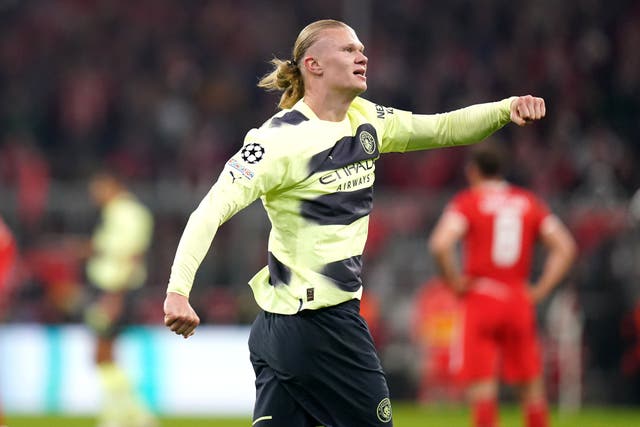 Manchester City’s Erling Haaland celebrates scoring their side’s first goal of the game during the UEFA Champions League quarter-final second leg match at Allianz Arena, Munich. Picture date: Wednesday April 19, 2023.