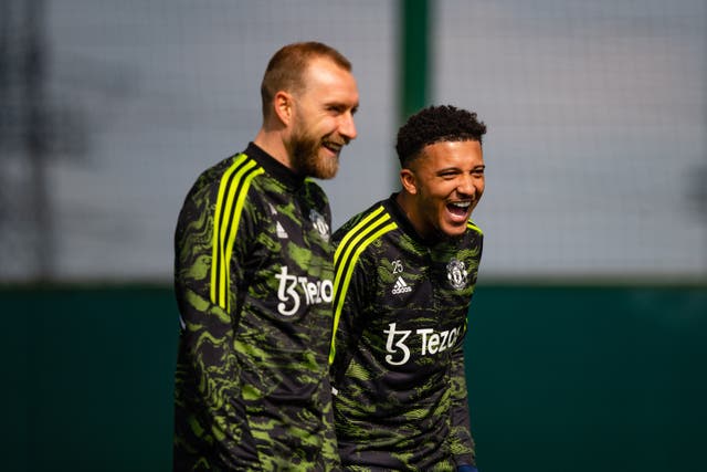 <p>Christian Eriksen and Jadon Sancho in training ahead of the second leg</p>