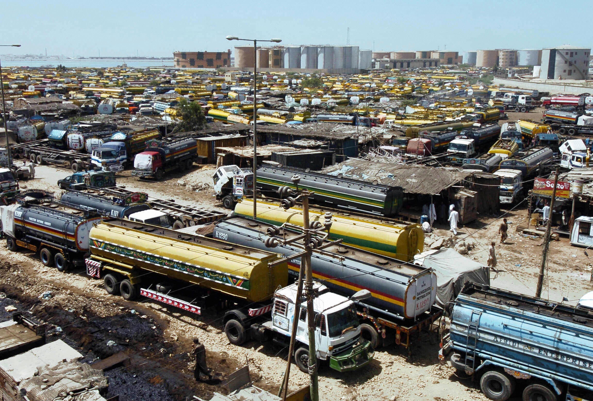 Pakistani oil tankers are stationed at their base in Karachi in 2005