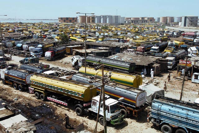 <p>  Pakistani oil tankers are stationed at their base in Karachi in 2005</p>