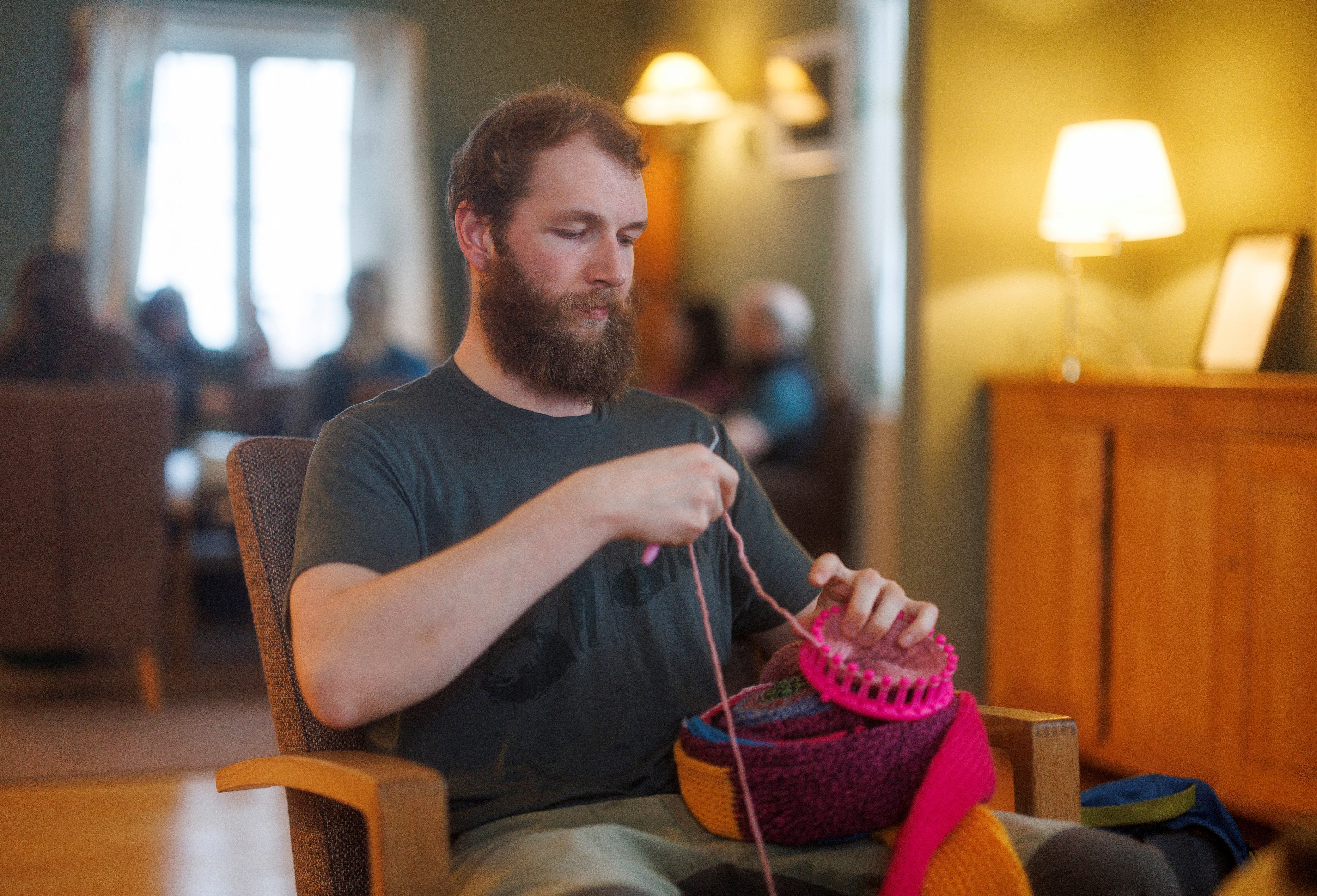 Kings Bay AS chef Espen Ulvenes attends the weekly Knit and Sip get-together in Ny-Alesund