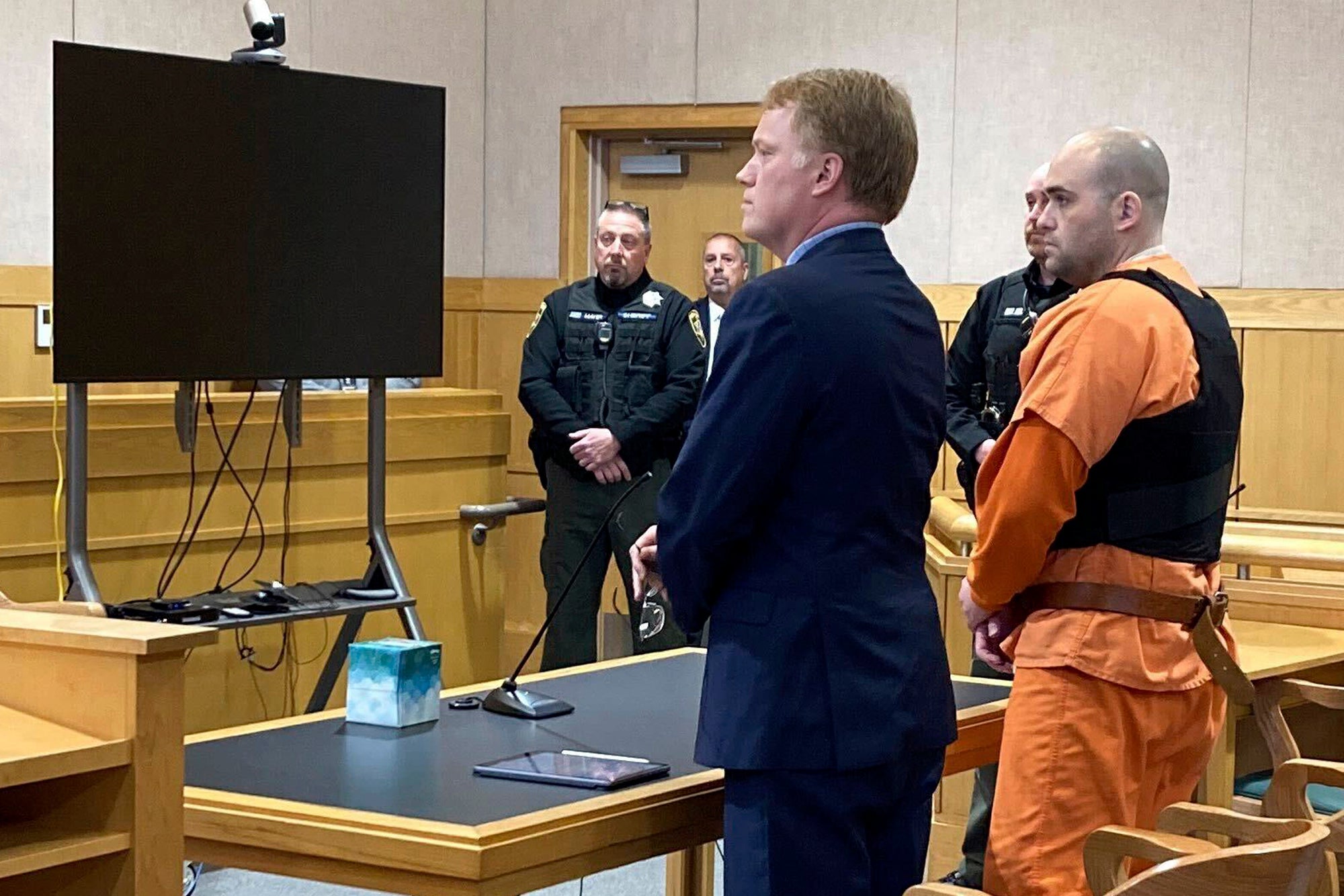Joseph Eaton, the suspect in a shooting spree in Maine, appears in court in West Bath, Maine, Thursday, April 20, 2023