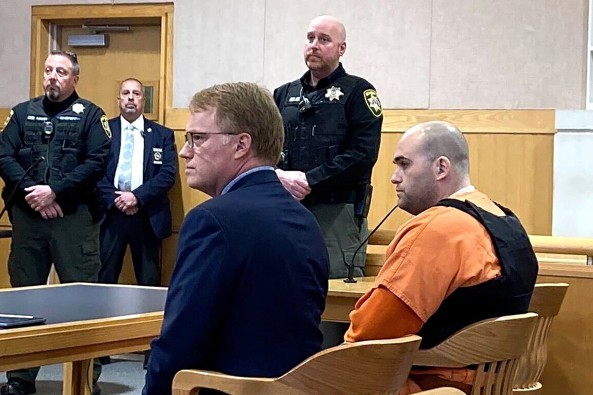 Joseph Eaton, the suspect in a shooting spree in Maine, appears in court in West Bath, Maine, Thursday, April 20, 2023