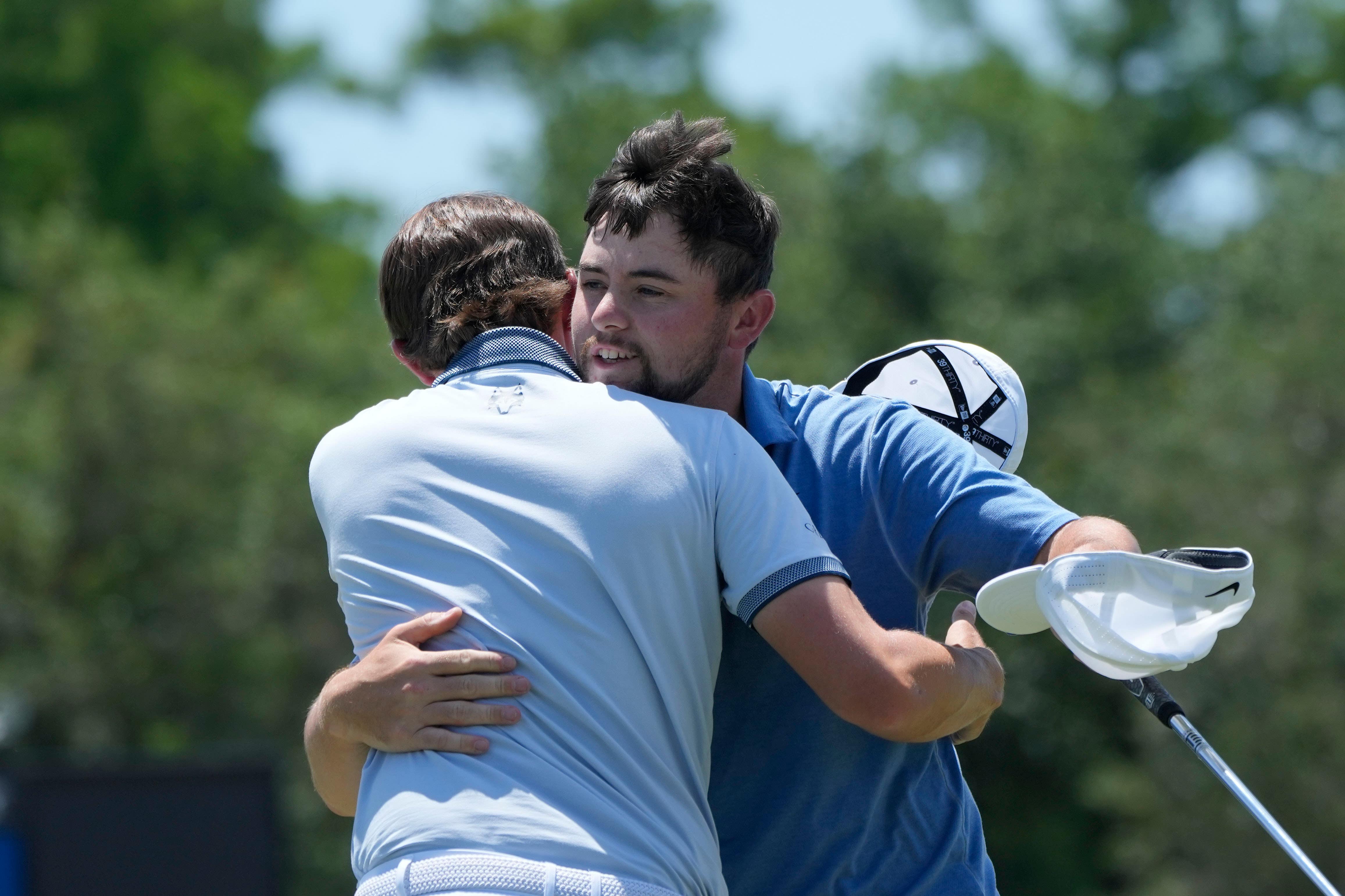 Matt and Alex Fitzpatrick have started the Zurich Classic of New Orleans strong after finishing the first day tied in third place in the doubles-style PGA competition. Matt Fitzpatrick, left, celebrates with his brother Alex Fitzpatrick, both of England, after finishing the day on the ninth green during the first round of the PGA Zurich Classic golf tournament at TPC Louisiana in Avondale, La., Thursday, April 20, 2023. (Gerald Herbert, AP Photo)