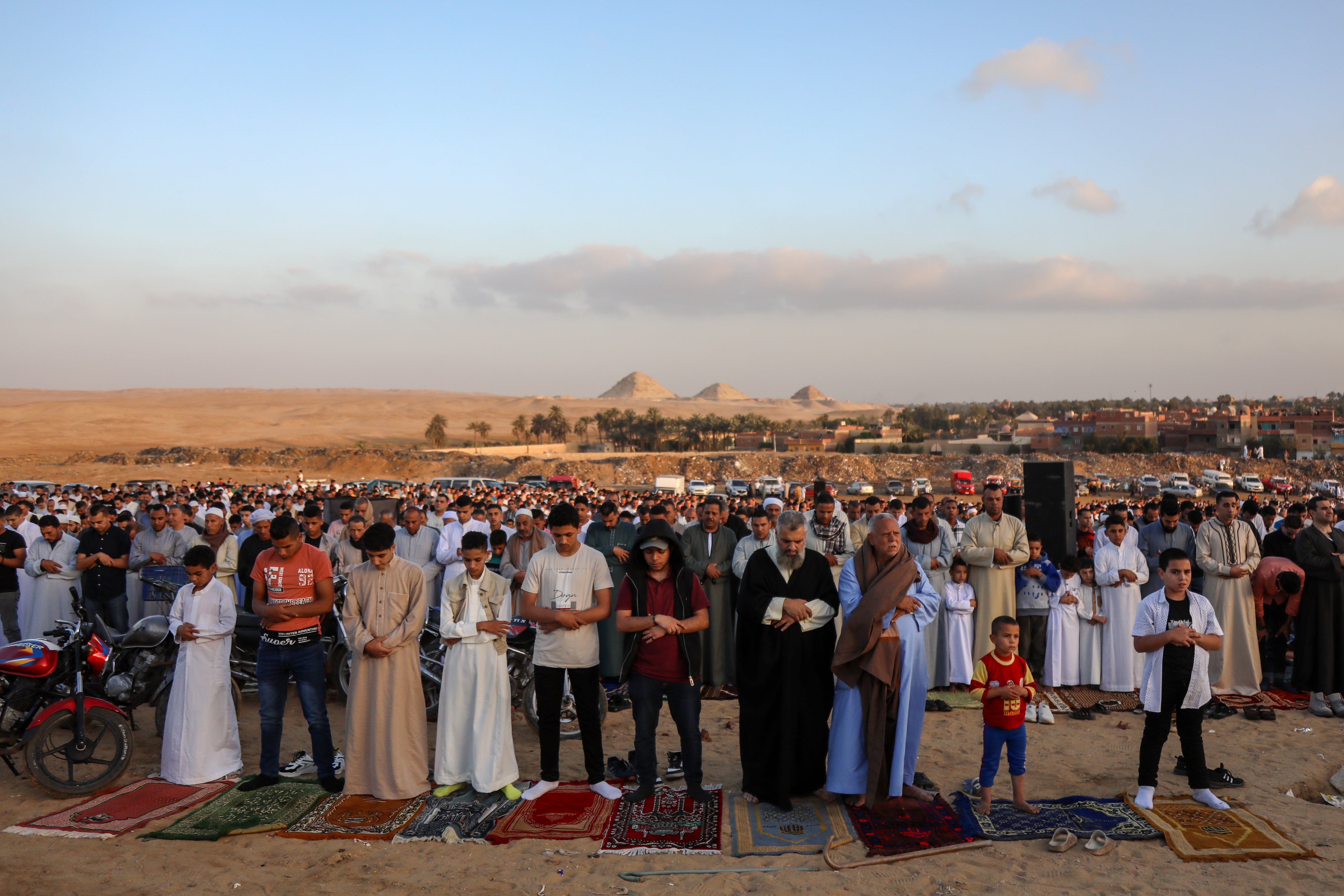 Muslims perform Eid-Al-Fitr prayers in Abu Sir village on April 21, 2023 in Giza, Egypt