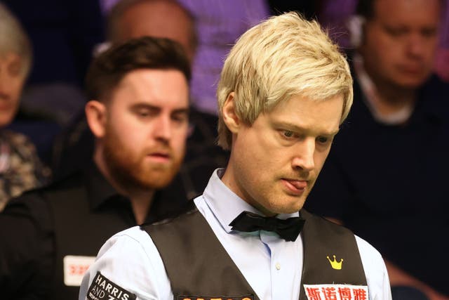 Neil Robertson (right) is level with Crucible debutant Jak Jones after their opening session in Sheffield (Nigel French/PA)