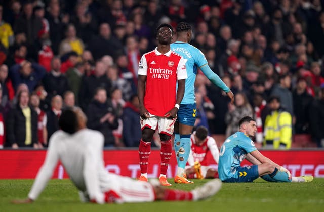 <p>Bukayo Saka reacts after Arsenal’s 3-3 draw with Southampton</p>