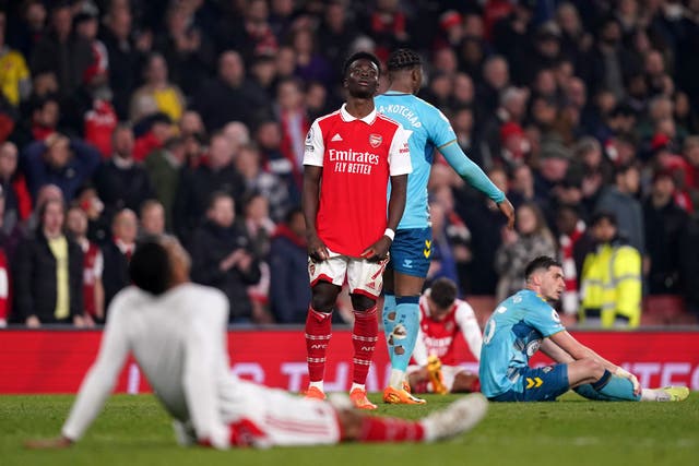 <p>Bukayo Saka reacts after Arsenal’s 3-3 draw with Southampton</p>