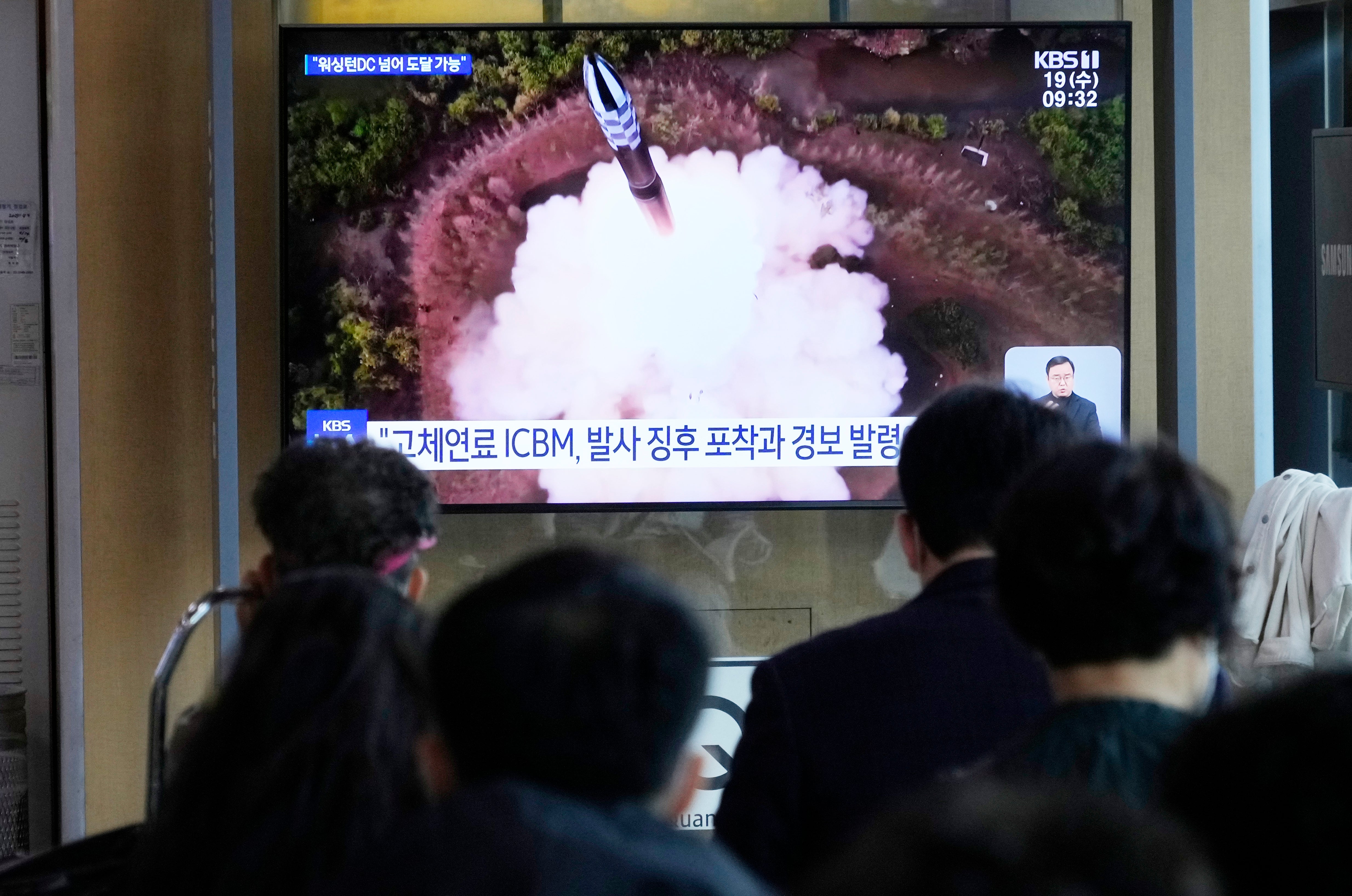 A TV screen shows a file image of North Korea's missile launch during a news program at the Seoul Railway Station in Seoul, South Korea, Wednesday, 19 April 2023