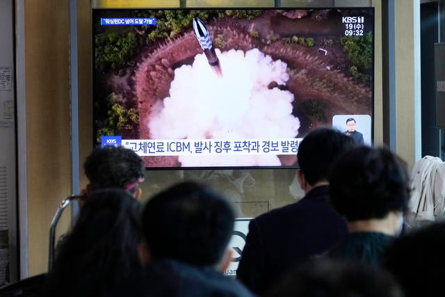 <p>A TV screen shows a file image of North Korea's missile launch during a news program at the Seoul Railway Station in Seoul, South Korea, Wednesday, 19 April 2023</p>