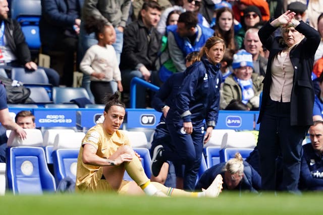 <p>Lucy Bronze suffered an injury at Stamford Bridge (Zac Goodwin/PA)</p>