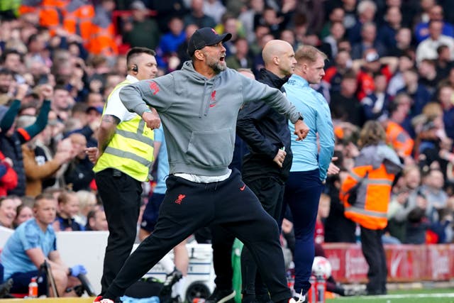 Liverpool manager Jurgen Klopp reacts to the winner (Peter Byrne/PA)