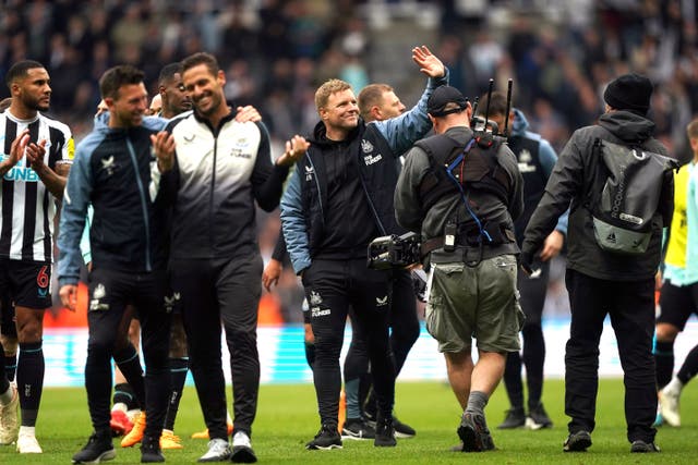 Newcastle boss Eddie Howe (centre) is looking no further ahead than Thursday’s Premier League trip to Everton (Owen Humphreys/PA)