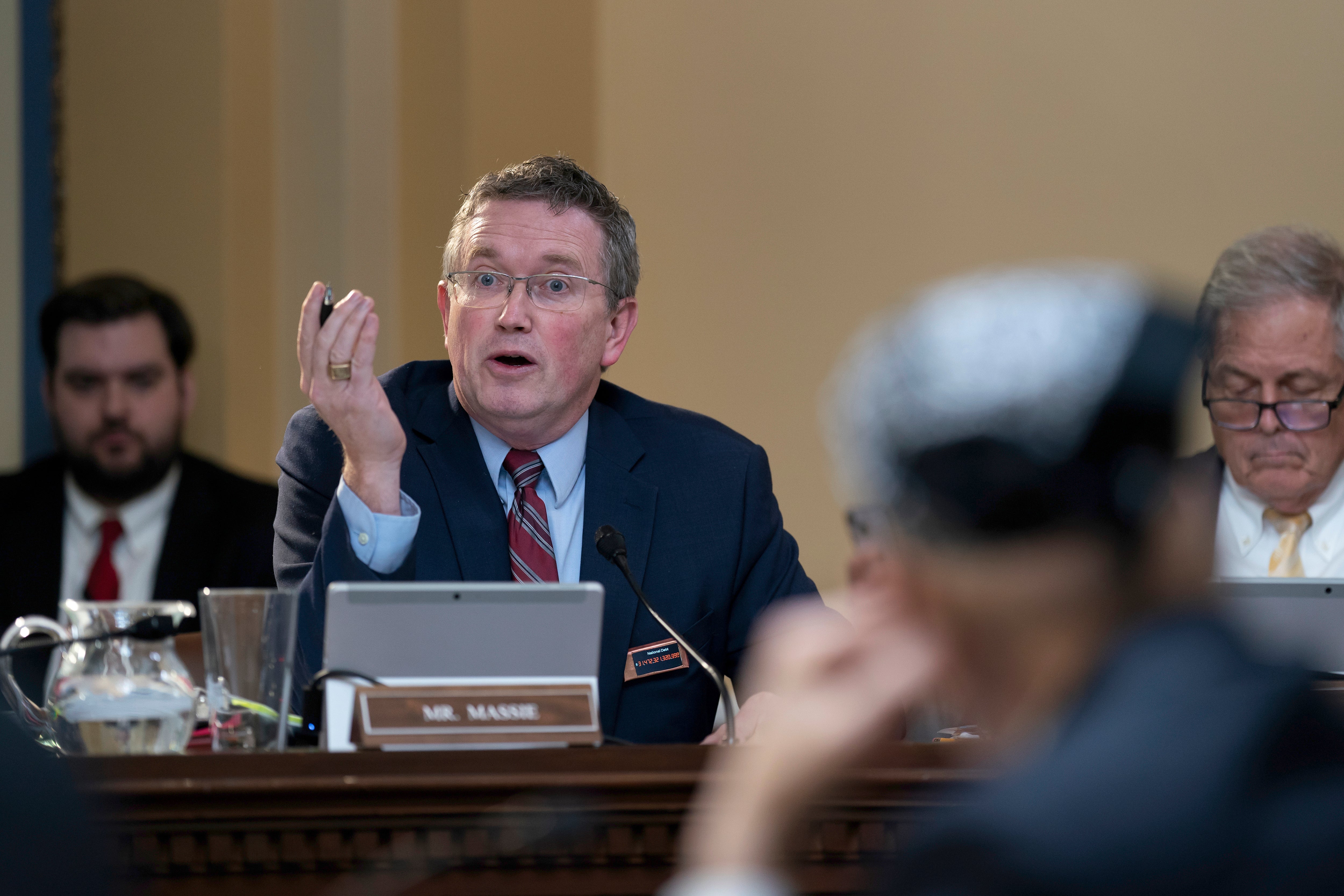 Thomas Massie makes a point in the House Rules Committee as Republicans advance a bill to disapprove of action by the District of Columbia Council on a local voting rights act and a criminal code revision, at the Capitol in Washington, in February 2023