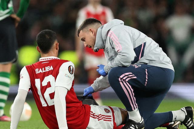 <p>William Saliba was injured when Arsenal exited the Europa League </p>