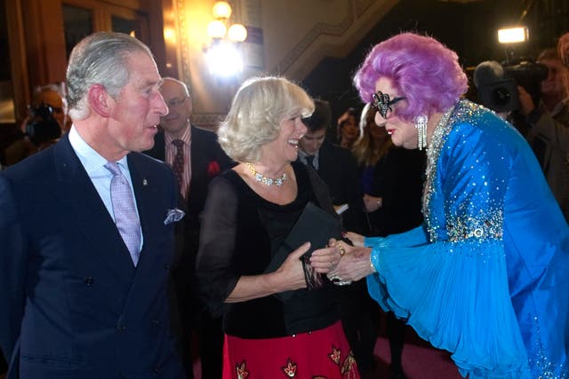 <p>King Charles III, then-Prince of Wales, and Queen Consort Camilla, then-Duchess of Cornwall, meet Barry Humphries aka Dame Edna Everidge in 2010</p>