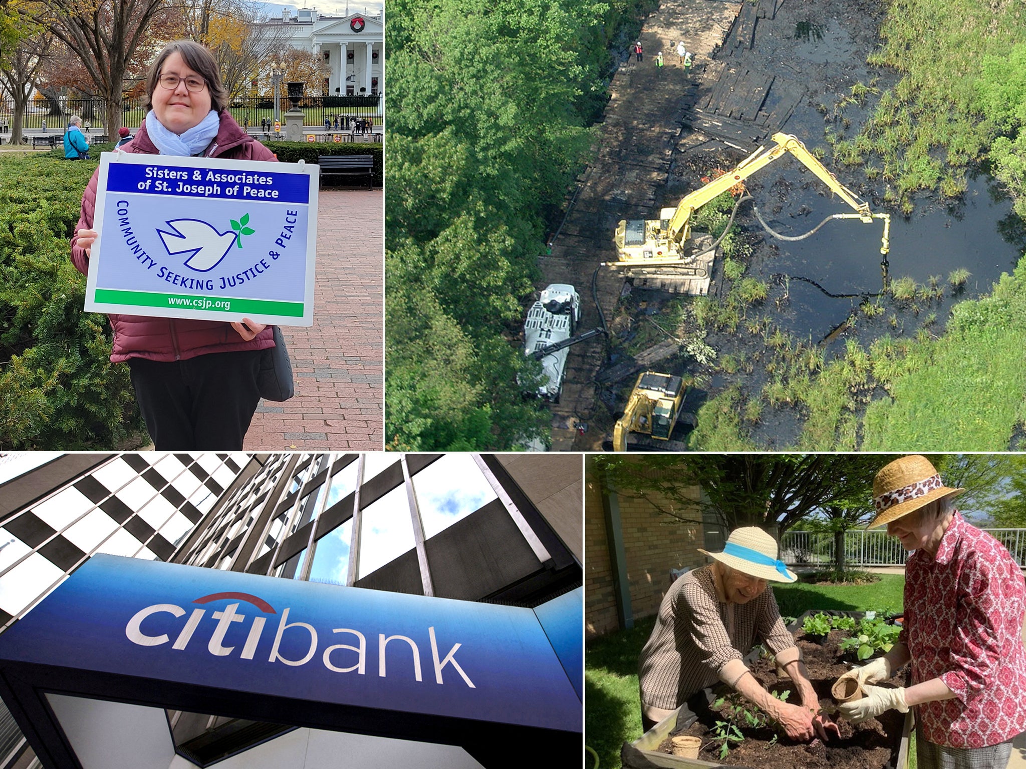 Top left, bottom right: Sister Susan Francois and fellow Sisters of St Joseph of Peace, are taking on Citigroup at their AGM over pipeline funding including of Enbridge. Top right, Enbridge’s oil spill in Michigan in 2010