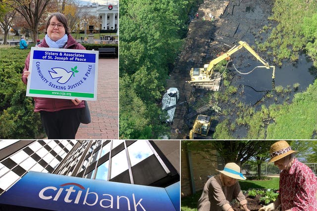 <p>Top left, bottom right: Sister Susan Francois and fellow Sisters of St Joseph of Peace, are taking on Citigroup at their AGM over pipeline funding including of Enbridge. Top right, Enbridge’s oil spill in Michigan in 2010</p>