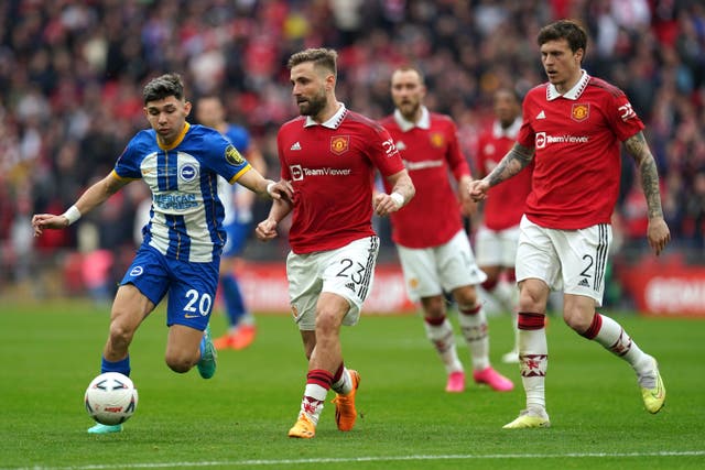 Luke Shaw, centre, helped Manchester reach the FA Cup final (Nick Potts/PA)
