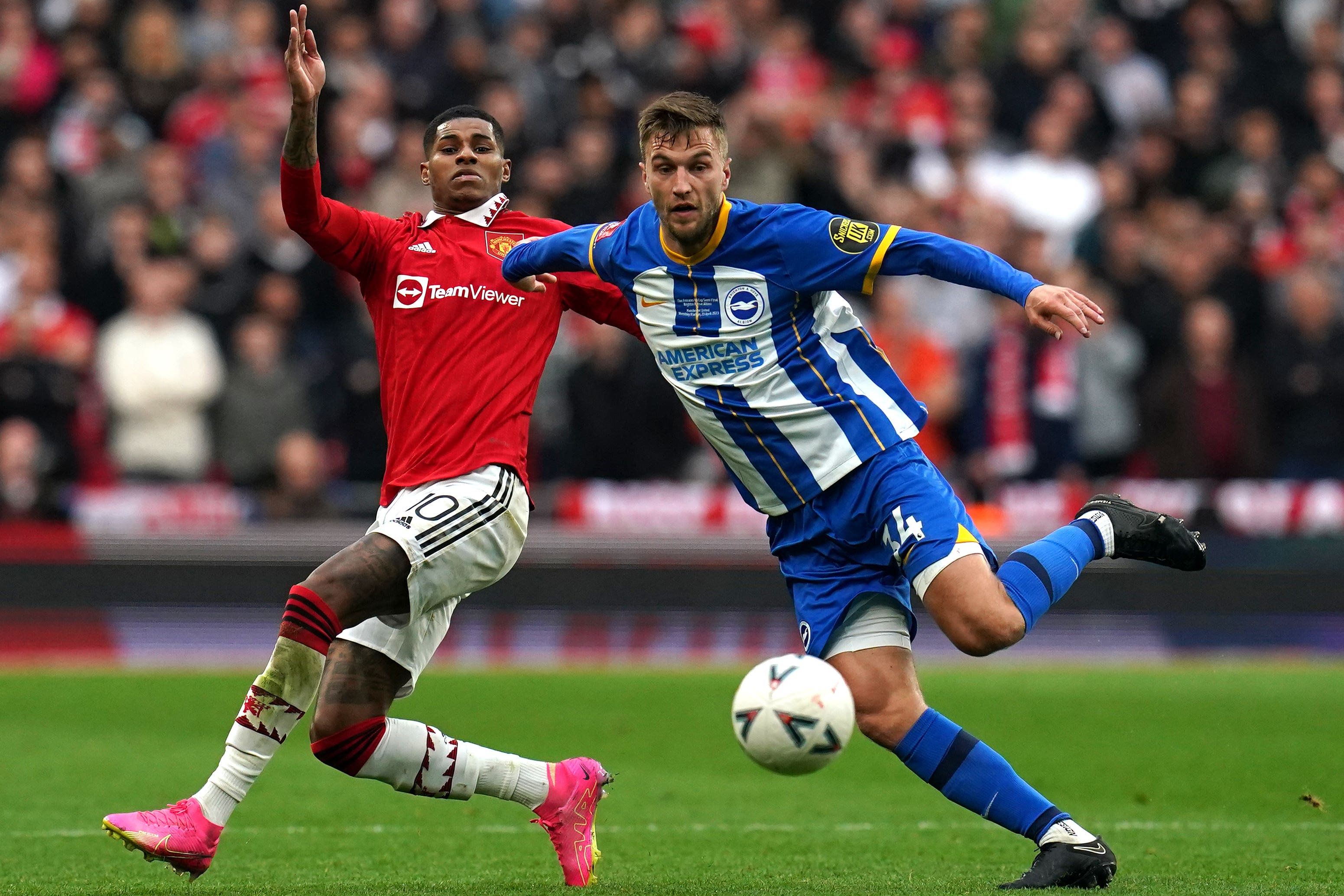 Brighton defender Joel Veltman, right, suffered Wembley heartbreak at the hands of Manchester United (Nick Potts/PA)